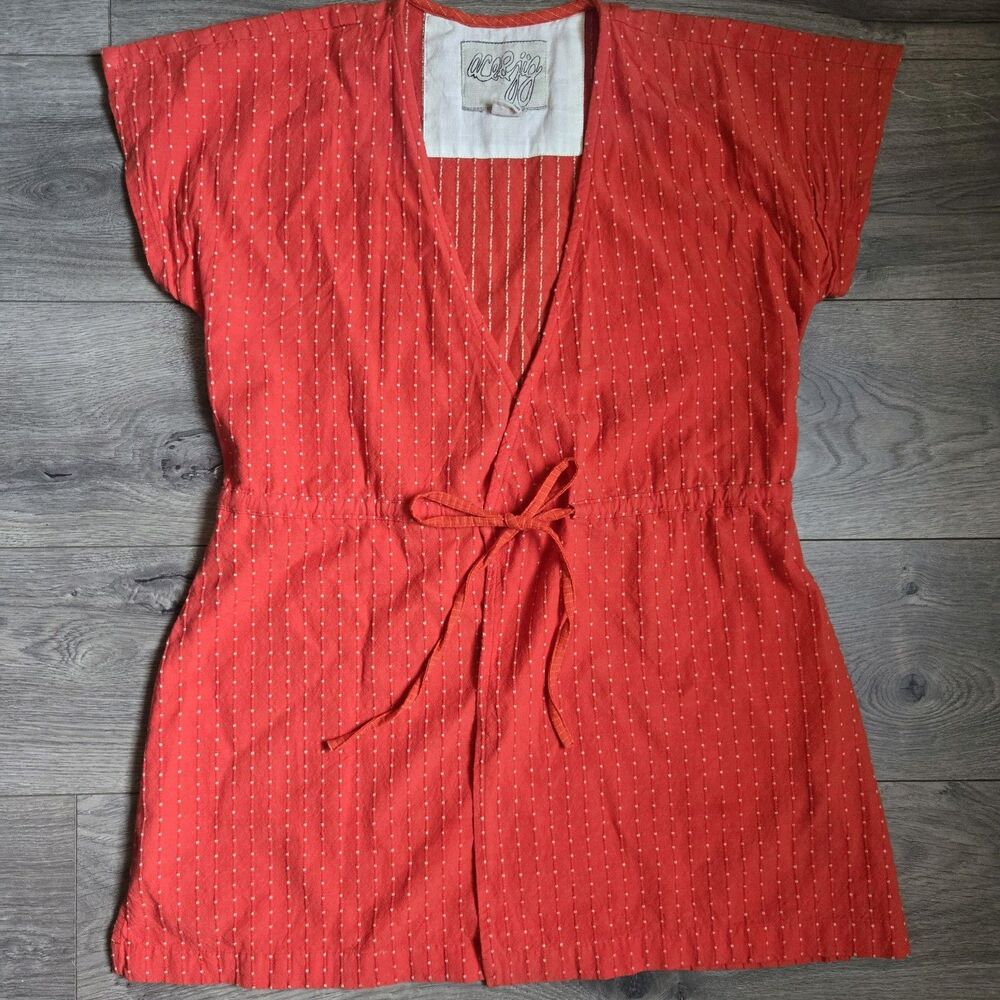 Ace & Jig Small S Rust Red Orange Boho Textured Woven Striped Wrap Tunic Kimono